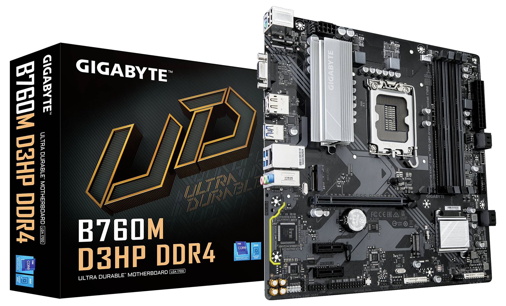 'Motherboard GIGABYTE B760M D3HP DDR4' neben der Verpackung. Schwarzes PCB, Kühlkörper, Slots für RAM, CPU, und Erweiterungskarten.