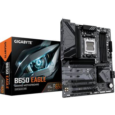'Motherboard GIGABYTE B650 Eagle' neben der Verpackung. Text auf der Verpackung: 'AMD Ryzen', 'AM5 Socket', 'B650'.