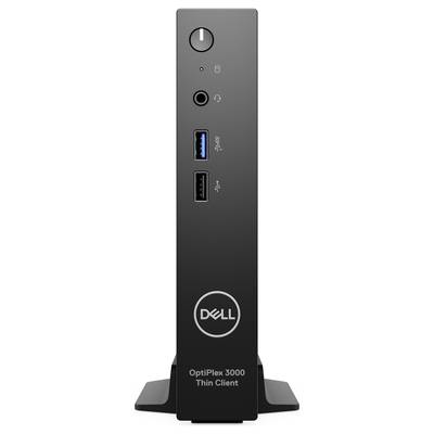 Schwarzer Dell OptiPlex 3000 Thin Client, Vorderansicht. Oben Power-Taste, USB-Ports darunter. Stehendes Design, Logo unten.