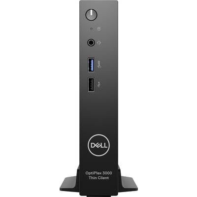 Ein schwarzer Dell OptiPlex 3000 Thin Client mit zwei USB-Anschlüssen, einem Kopfhöreranschluss und einem Netzschalter auf der Vorderseite.