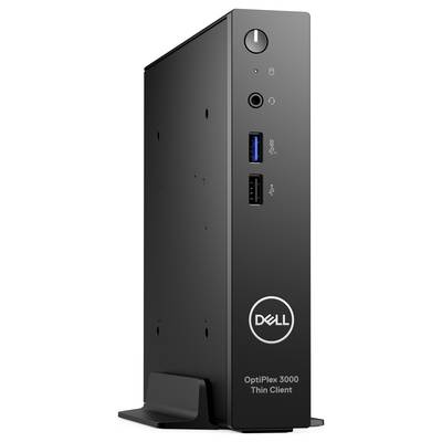 Ein schwarzer Dell OptiPlex 3000 Thin Client steht aufrecht. Auf der Vorderseite befinden sich Anschlussmöglichkeiten und ein Netzschalter.