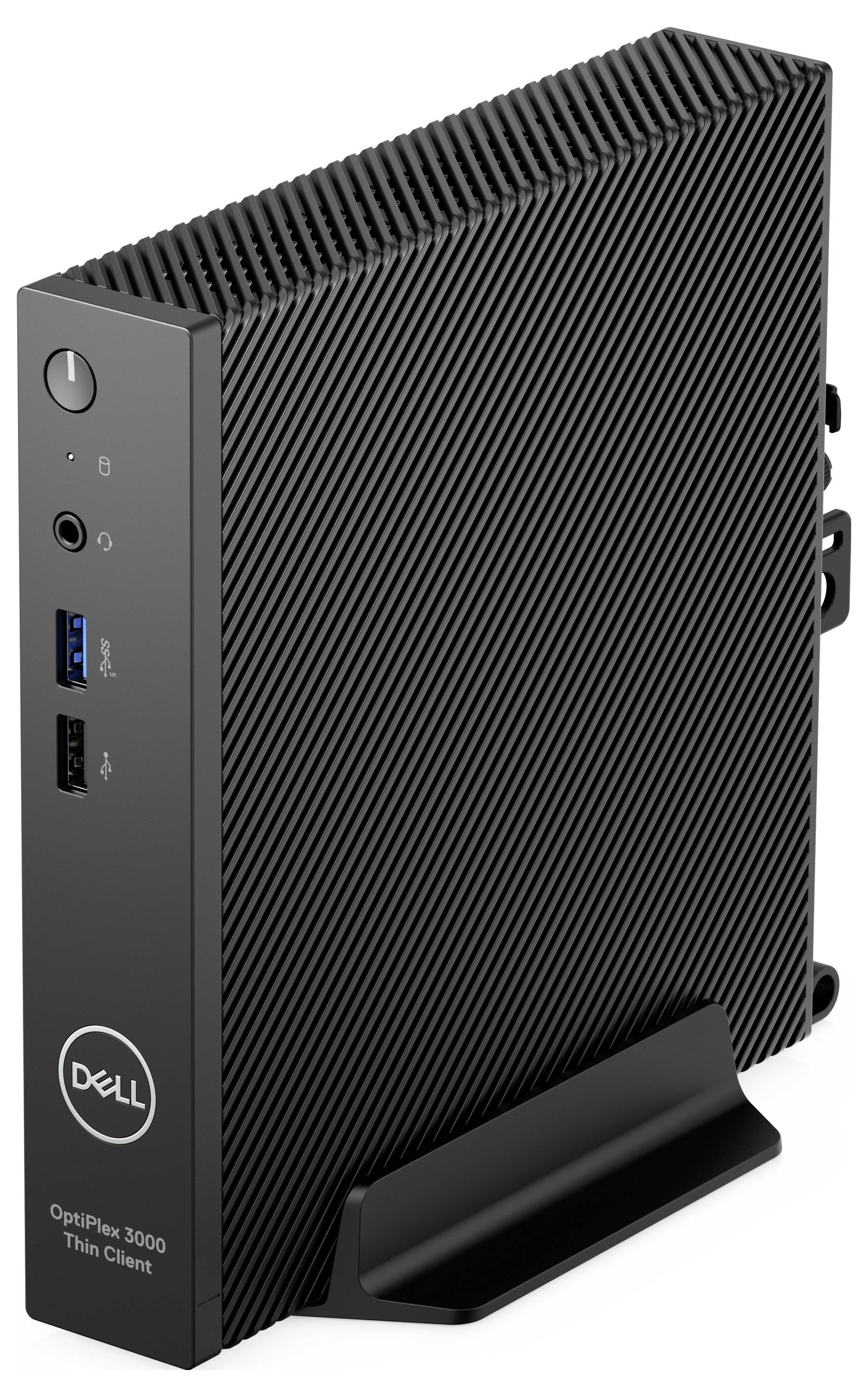 Ein schwarzer Dell-OptiPlex-3000-Computer im stehenden Design, mit USB-Anschlüssen an der Front.