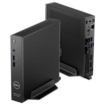 Zwei schwarze Dell OptiPlex 3000 Thin Clients stehen aufrecht nebeneinander. Sichtbar sind Anschlüsse und das Dell-Logo.