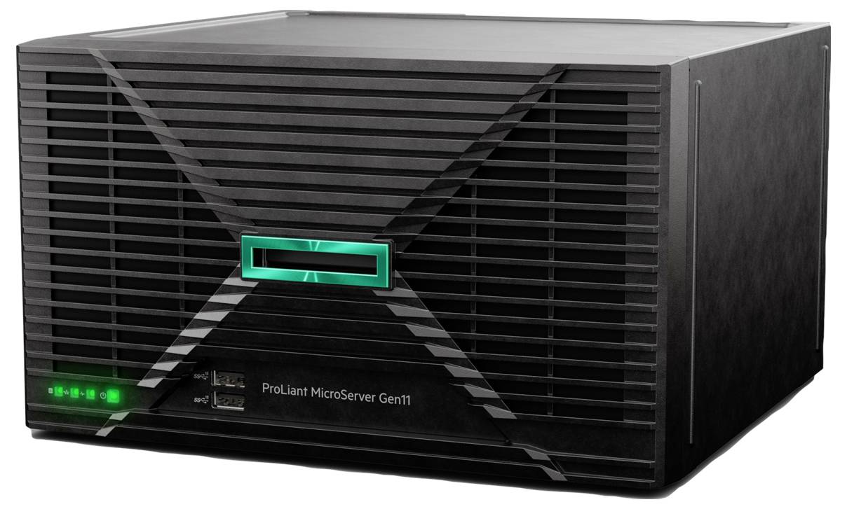Schwarzer HP ProLiant MicroServer Gen11 mit grünem LED-Licht an der Vorderseite, geeignet für kleine Unternehmen oder Heimbüros.