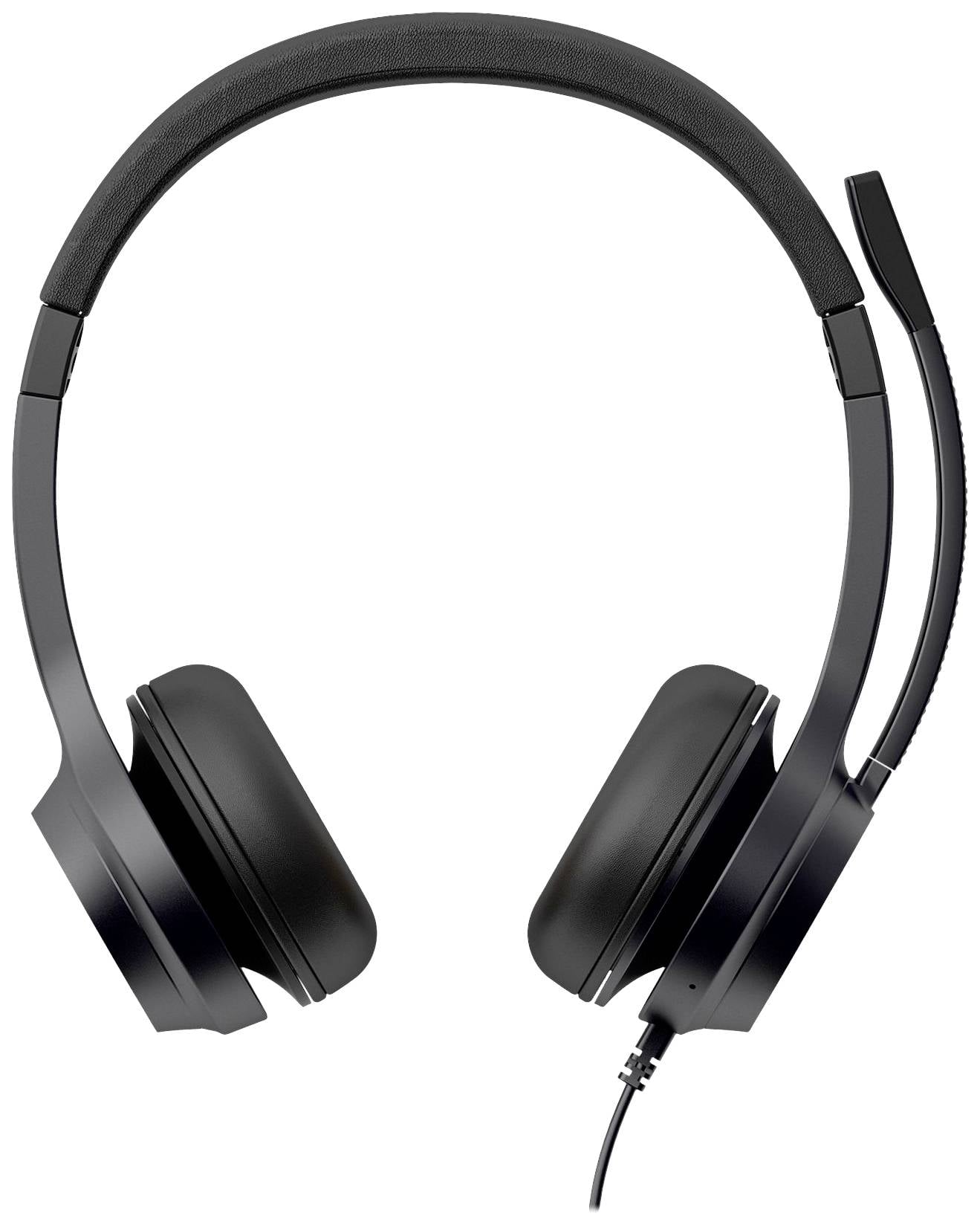 Schwarze, kabelgebundene Kopfhörer mit Mikrofon, geeignet für Computer- oder Laptop-Gebrauch. Moderne, schlanke Bauweise.