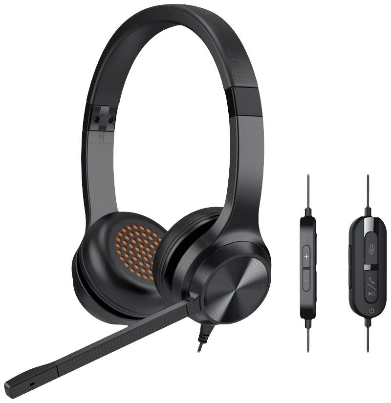 Ein schwarzes Headset mit Mikrofonarm und integrierter Lautstärkeregelung. Neben dem Headset werden die Bedienelemente separat gezeigt.