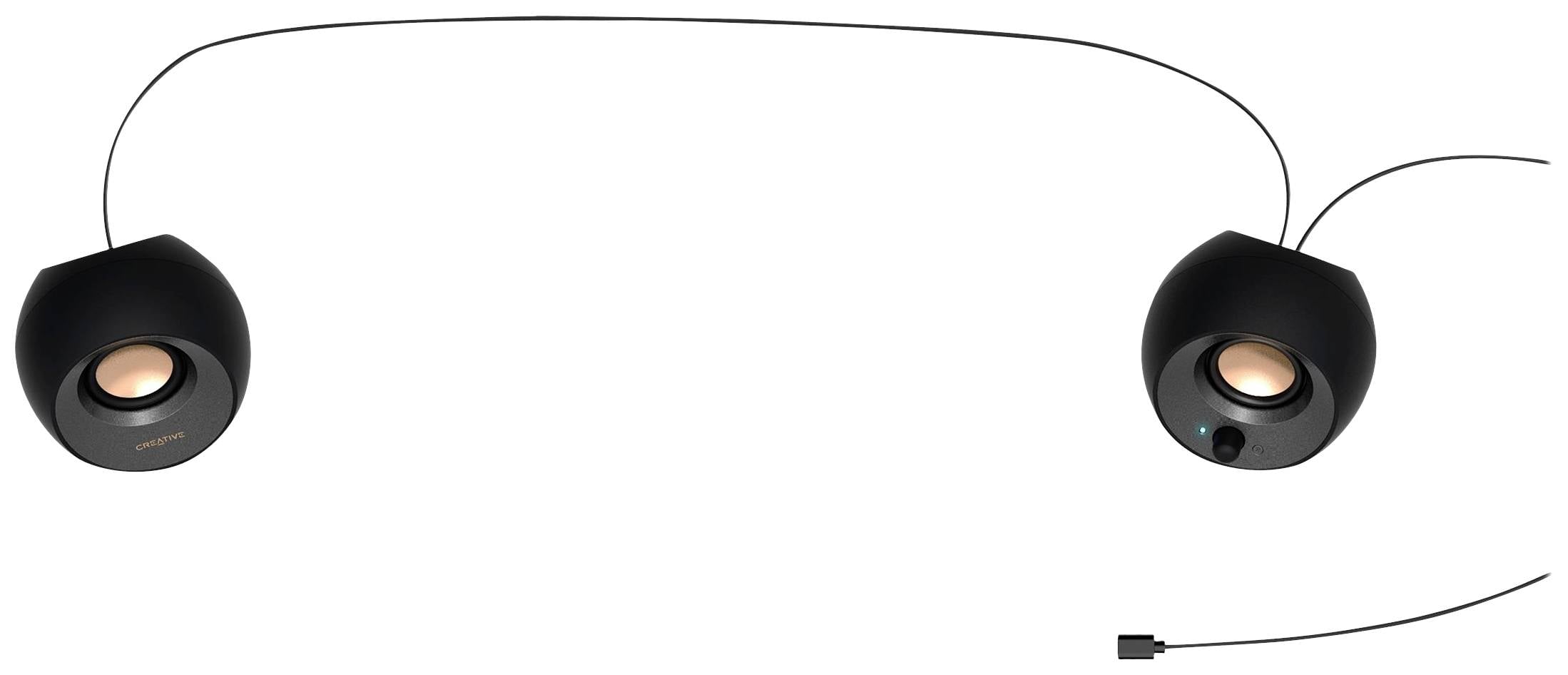 Zwei schwarze Lautsprecher, die mit einem Kabel verbunden sind. Einer hat einen Drehknopf, das Kabel endet in einem USB-Anschluss.