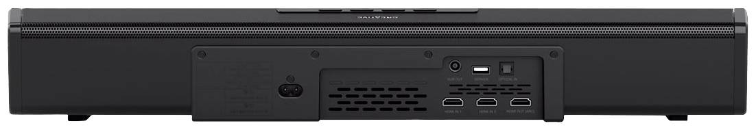 Rückseite einer schwarzen Soundbar mit verschiedenen Anschlüssen, darunter HDMI- und USB-Anschlüsse sowie ein Stromkabelanschluss.