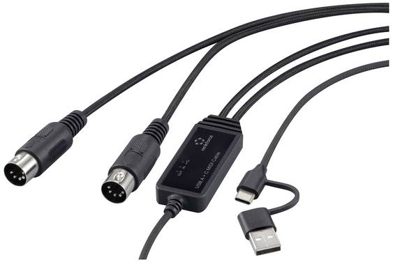 Renkforce RF-6439636 USB, MIDI Adapter [2x DIN-Stecker 5pol. - 1x USB-C®, USB-A] Schwarz  2 m