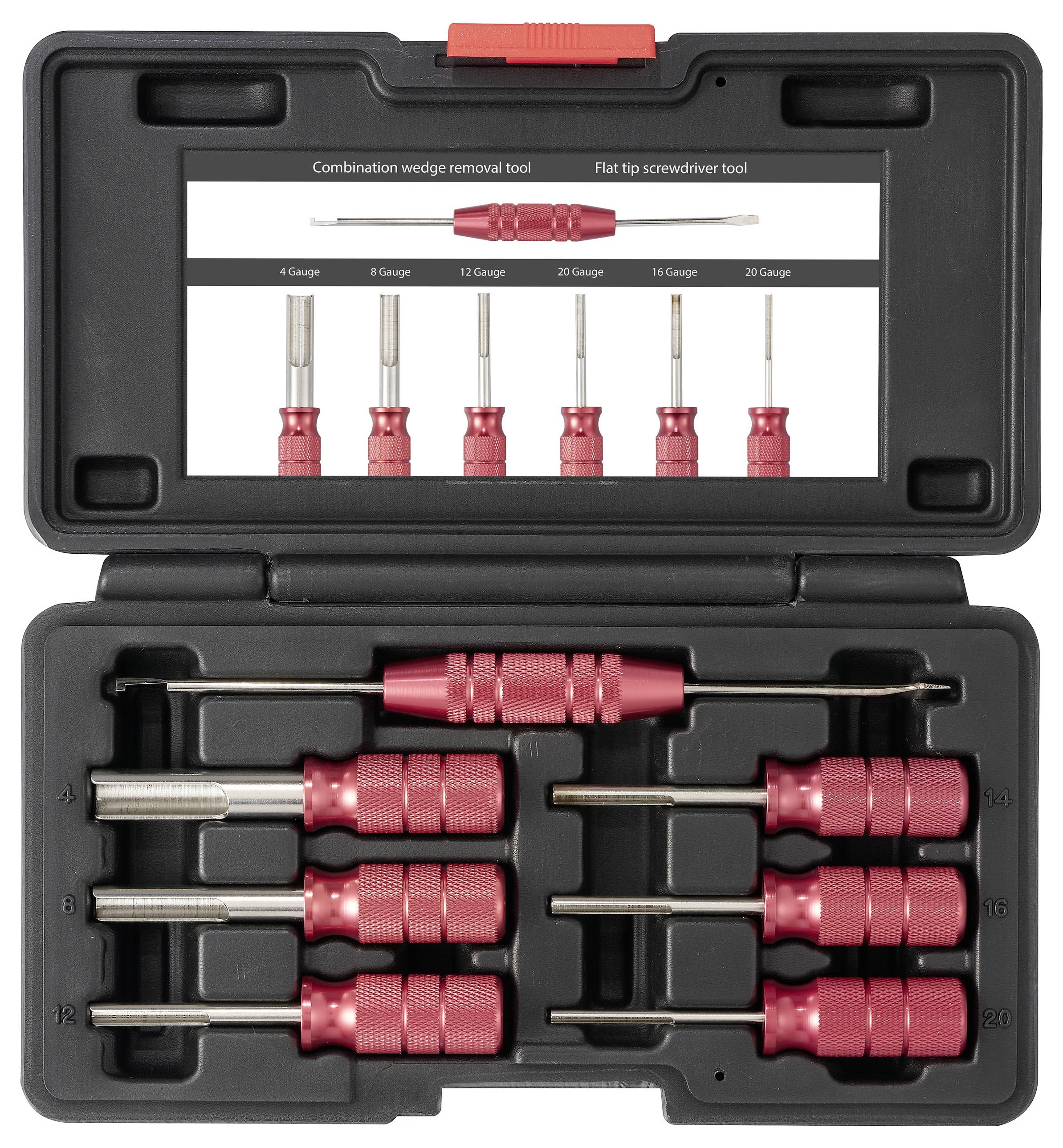 Ein Satz Präzisions-Schraubendreher in einer schwarzen Box. Enthält acht Aufsätze unterschiedlicher Größen für spezialisierte Anwendungen.