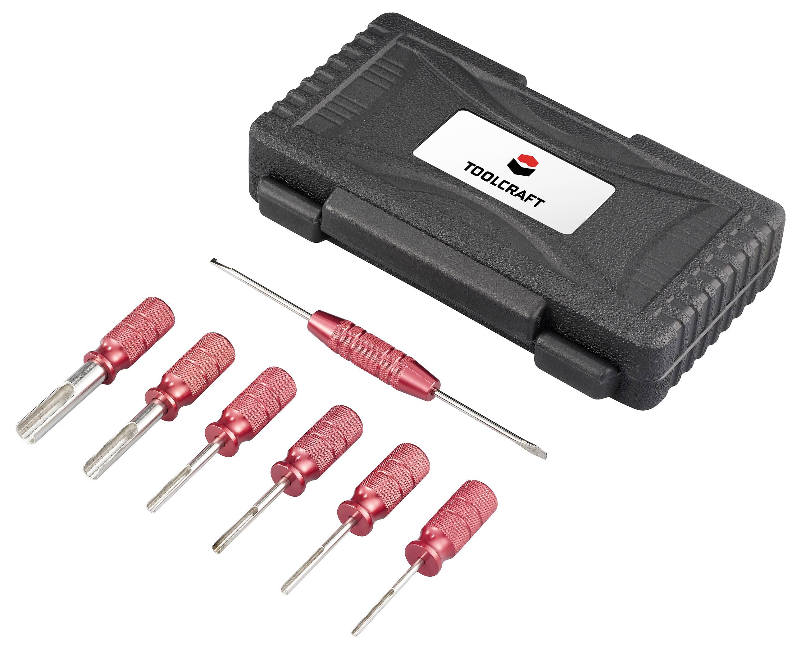 'Satz von sechs roten Abziehhaken mit schwarzem Etui von Toolcraft, verwendet zur Entfernung von Steckverbindern in elektrischen Systemen.'