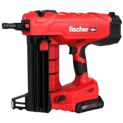 Rote kabellose Nagelgun mit schwarzen Akzenten und "fischer"-Logo, gezeigt in Seitenansicht auf weißem Hintergrund.