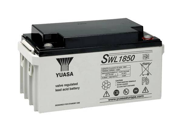 Blei-Säure-Batterie von Yuasa, Modell SWL1850, mit Warnhinweisen und technischen Spezifikationen auf dem Gehäuse.