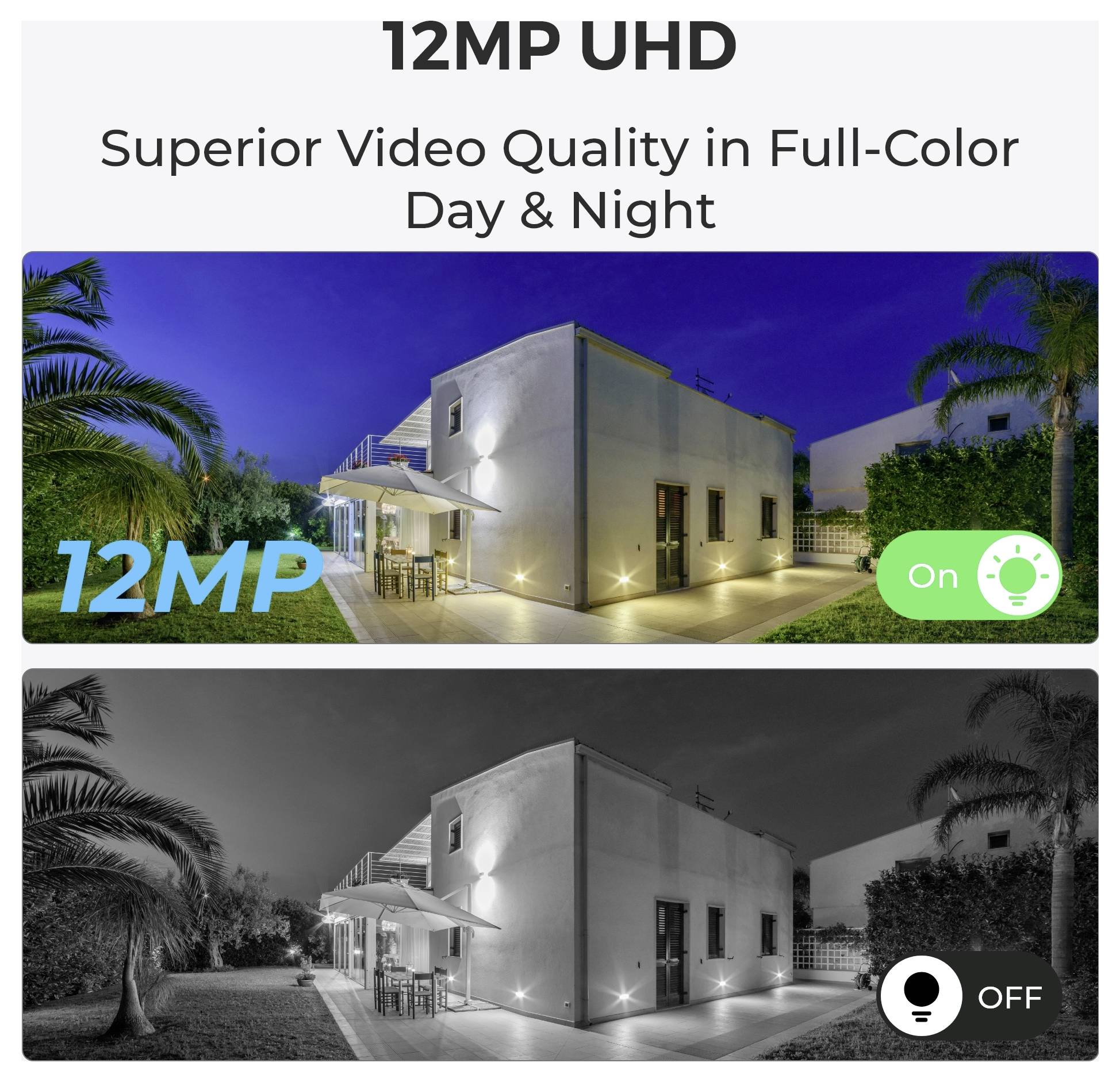 Zwei Bilder eines Hauses: Oben eine Nachtszene in Farbe mit '12MP' und 'Ein'; unten in Schwarz-Weiß mit 'Aus'. Text: 'Überlegene Videoqualität bei Tag und Nacht in Vollfarbe'.