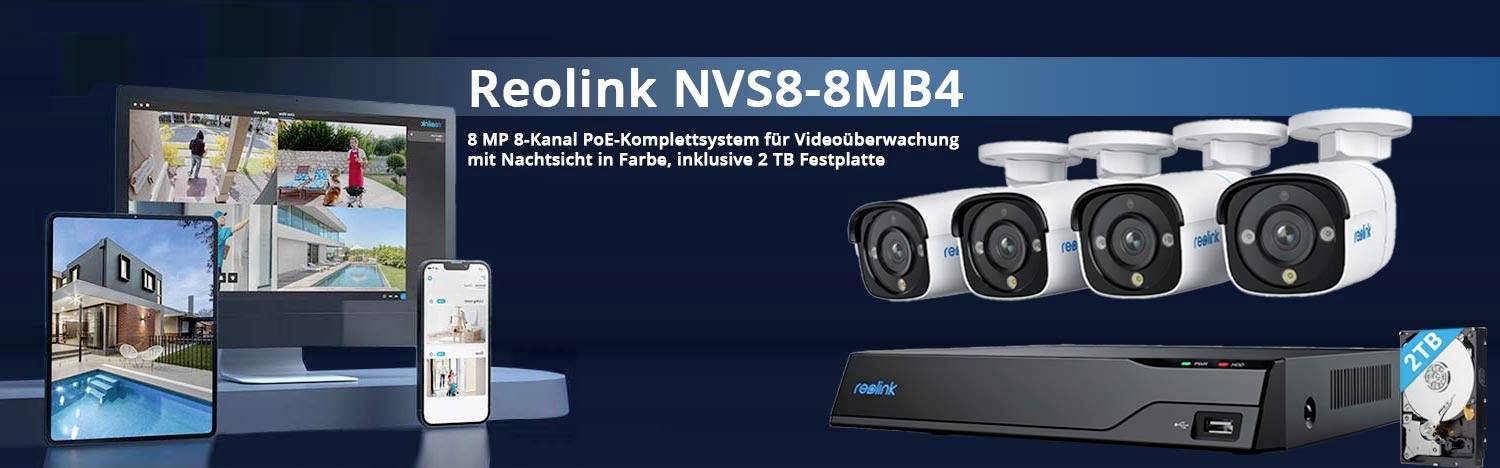 Reklamebild zeigt Überwachungskamerasystem von Reolink, Modell NVS8-8MB4. Enthält 8 MP Kameras, Farb-Nachtsicht, 2 TB Festplatte.