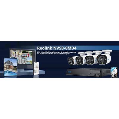 Reklamebild zeigt Überwachungskamerasystem von Reolink, Modell NVS8-8MB4. Enthält 8 MP Kameras, Farb-Nachtsicht, 2 TB Festplatte.