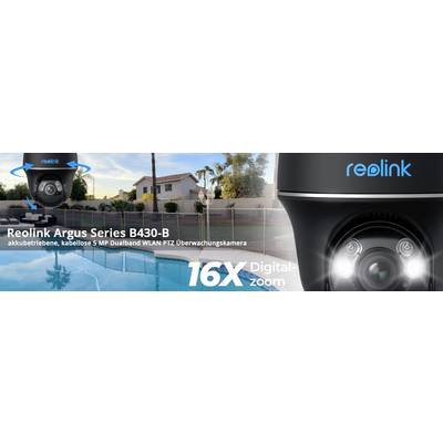 Überwachungskamera in der Nähe eines Pools, beworben mit '16x Digitalzoom', Modell 'Reolink Argus Series B430-B'.