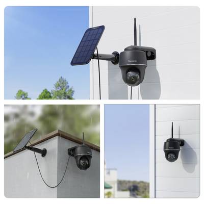 Eine Collage aus drei Bildern, die solarbetriebene Sicherheitskameras zeigt, die an verschiedenen Außenwänden montiert sind und jeweils ein Solarpanel und eine Antenne aufweisen.