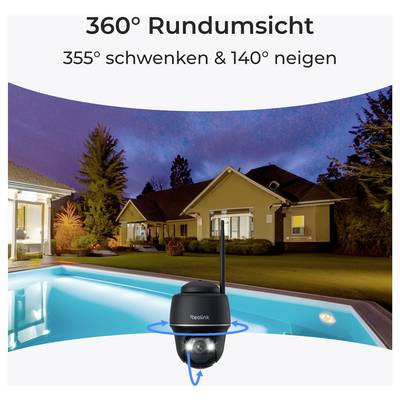 Outdoor-Sicherheitskamera mit Blick auf Pool und Haus, bietet '360° Rundumsicht', 355° Schwenk und 140° Neigung, vor einer Abendhimmel-Kulisse.