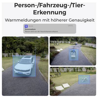 Person-/Fahrzeug-/Tier-Erkennung. Bilder zeigen KI-Erkennung eines Autos, einer Person und eines Hundes in einem Hof mit Kamera-Warnungen.