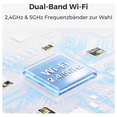 Das Bild hebt 'Dual-Band WLAN' hervor, das '2,4 GHz & 5 GHz Frequenzbänder' bietet, mit einer digitalen Darstellung von miteinander verbundenen Schaltkreisen.