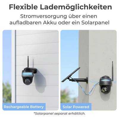 Sicherheitskamera, die im Freien montiert ist, mit zwei Ladungsoptionen: „Wiederaufladbare Batterie" an einer Wand befestigt und „Solarbetrieben" mit einem Solarpanel.
