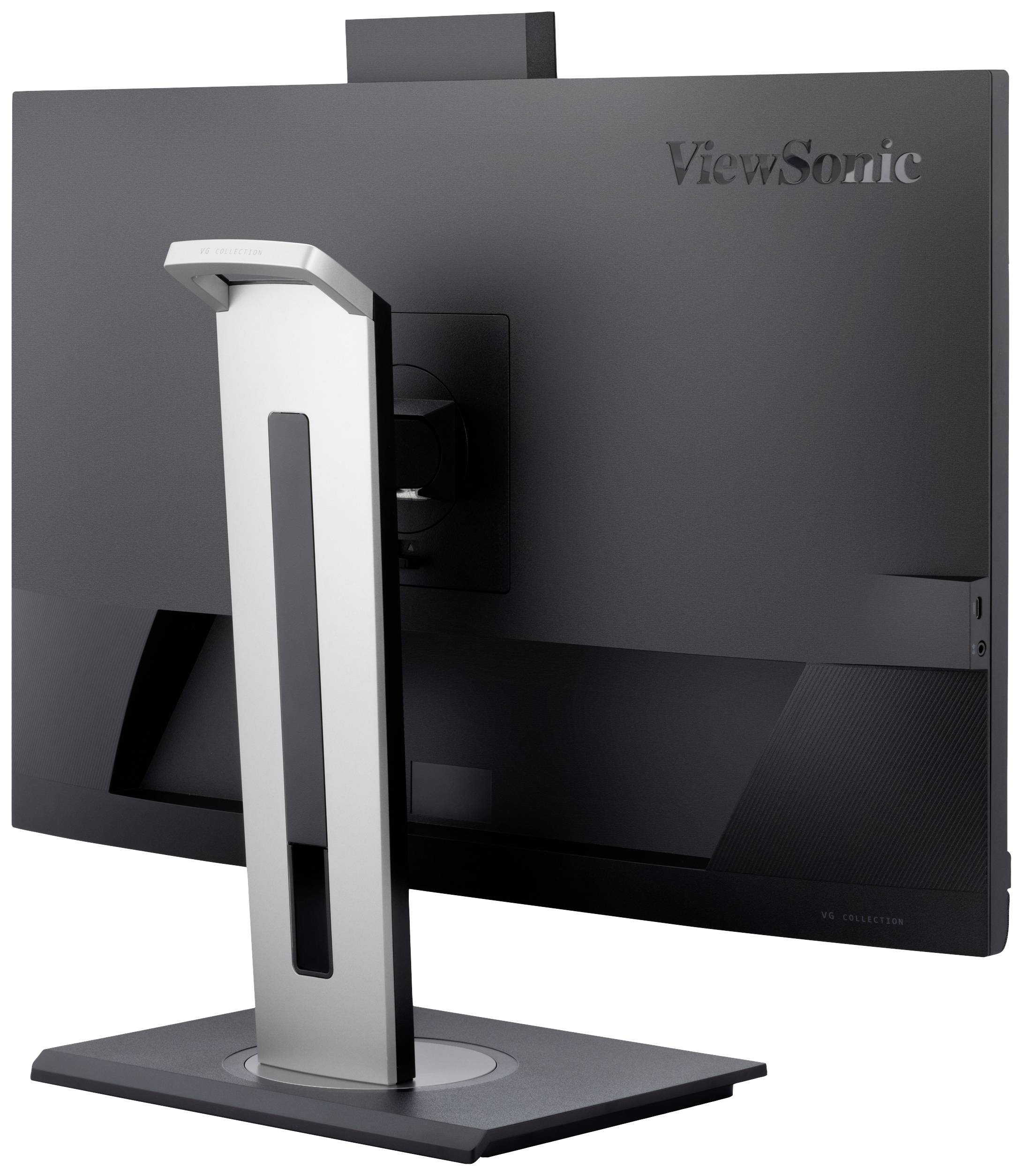 'ViewSonic'-Monitor von hinten gezeigt mit einem schlanken, silbernen Standfuß. Der Bildschirm hat ein modernes Design.