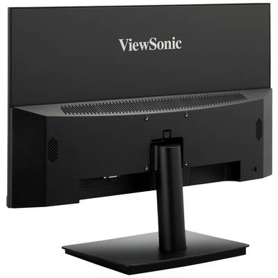 Ein schwarzer ViewSonic-Monitor von hinten, zeigt den Standfuß und die Lüftungsschlitze am oberen Rand des Geräts.