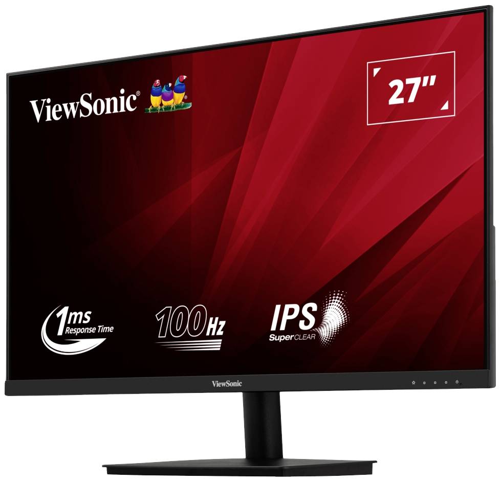 Ein ViewSonic Monitor mit 27-Zoll-Bildschirm, schwarzen Rahmen und rotem Hintergrund. Auf dem Display sind technische Spezifikationen zu sehen.