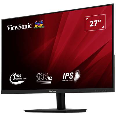 Ein ViewSonic Monitor mit 27-Zoll-Bildschirm, schwarzen Rahmen und rotem Hintergrund. Auf dem Display sind technische Spezifikationen zu sehen.