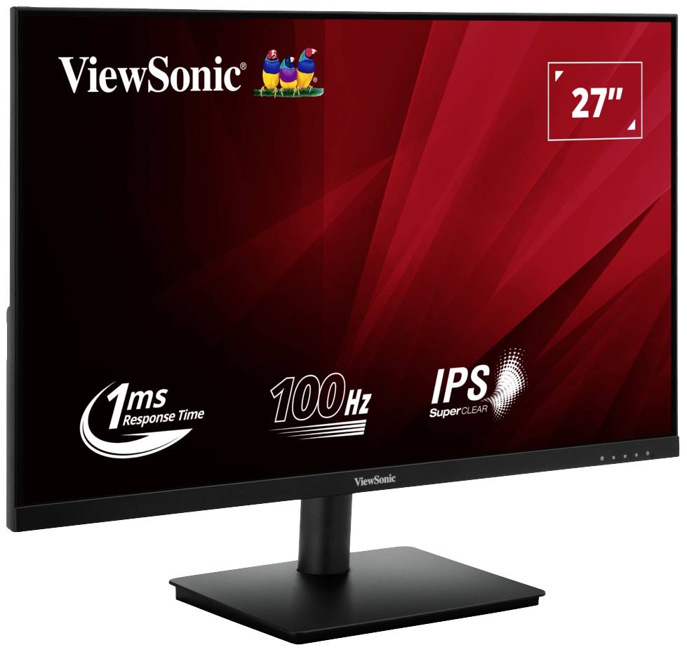 27-Zoll-ViewSonic-Monitor mit 1 ms Reaktionszeit, 100 Hz Bildwiederholrate und IPS SuperClear Technologie auf rotem Hintergrund.