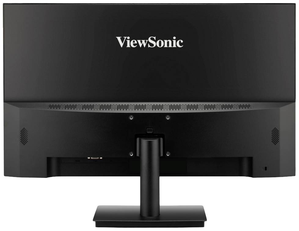 Ein schwarzer ViewSonic-Monitor von hinten, auf einem rechteckigen Standfuß montiert.