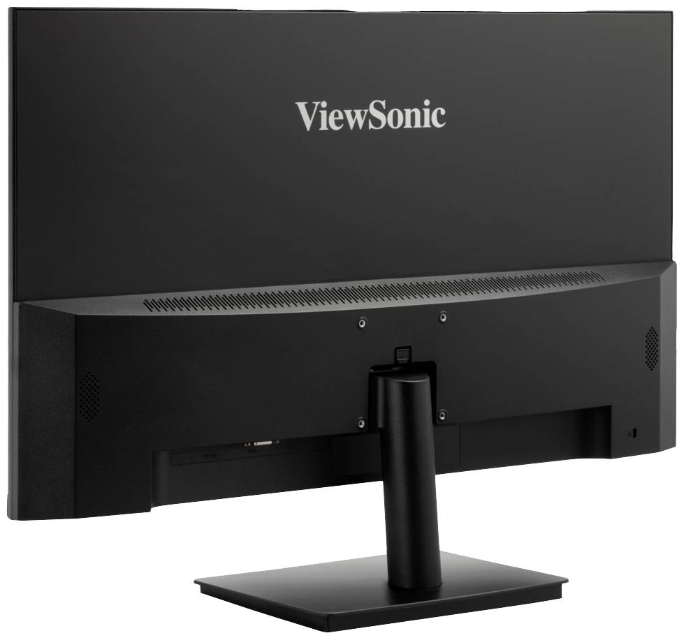 'Ein schwarz glänzender Computerbildschirm von ViewSonic, Rückansicht, auf einem stabilen Standfuß montiert.'