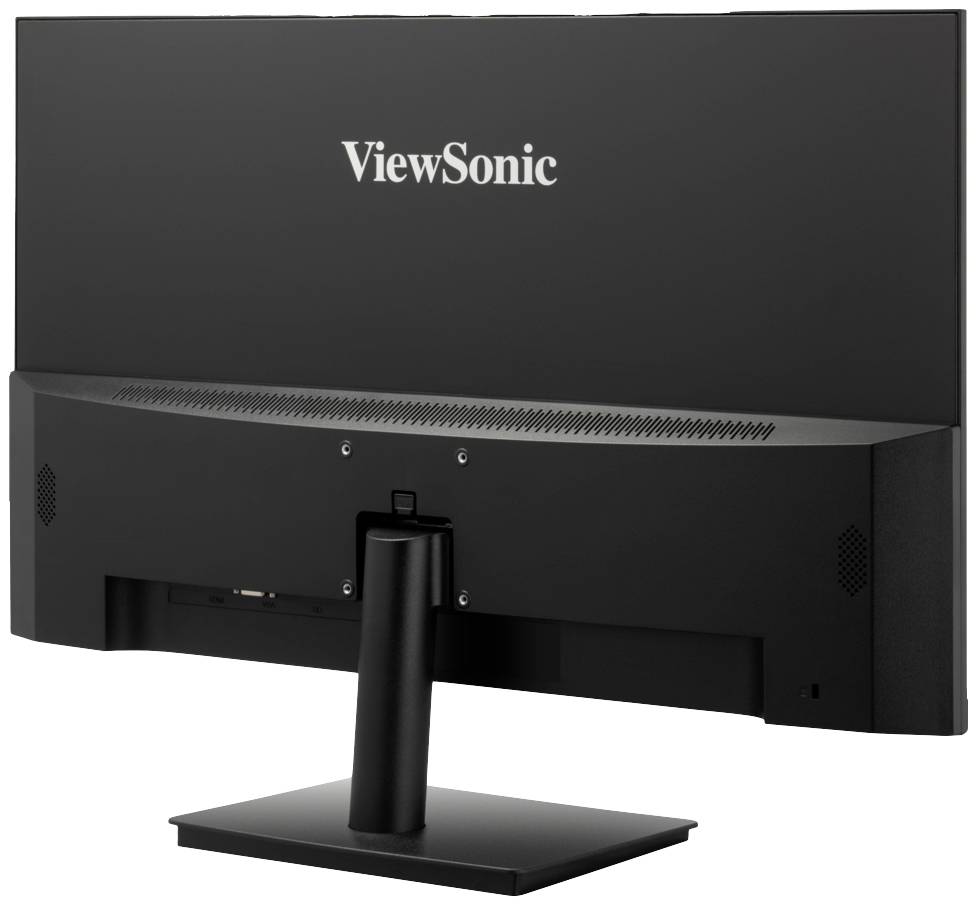 Ein Computermonitor von ViewSonic in schwarzer Farbe, Rückansicht, zeigt das Firmenlogo oben in der Mitte.