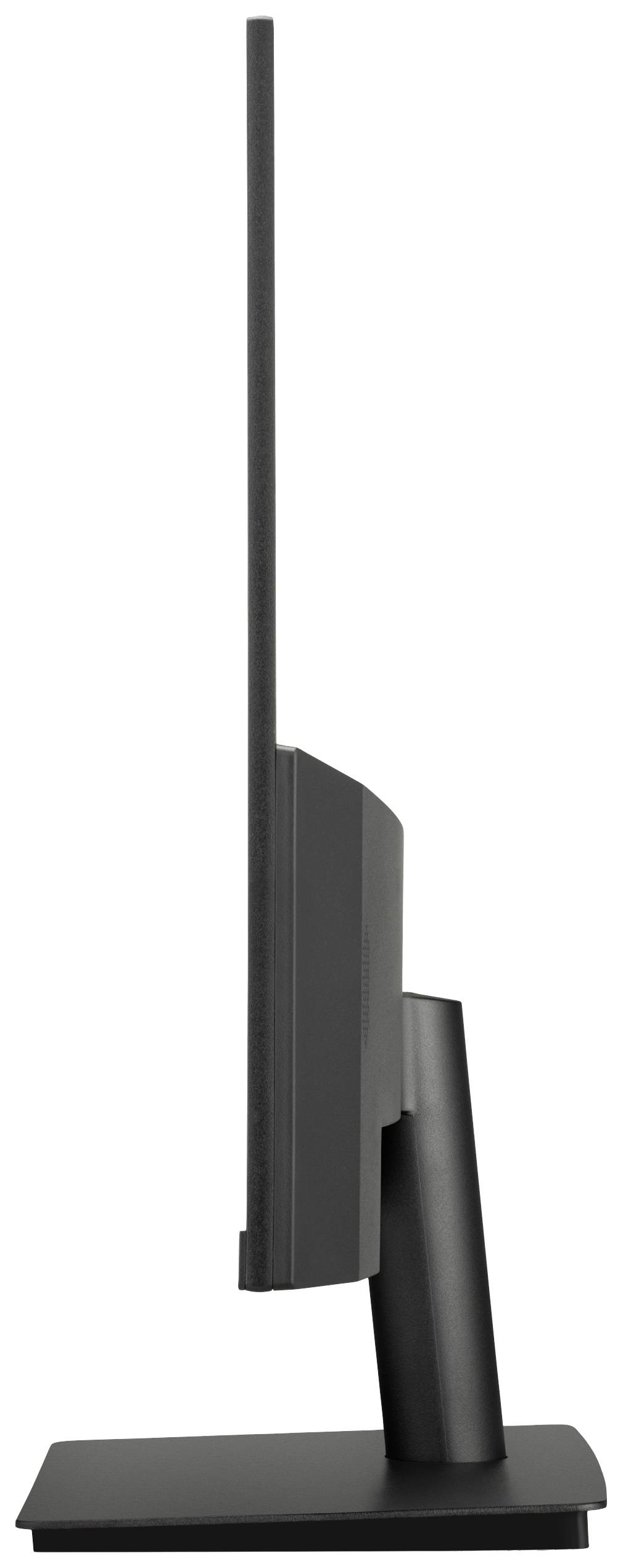 Ein seitlich abgebildeter, ultradünner Flachbildschirm-Monitor auf einem stabilen Standfuß.