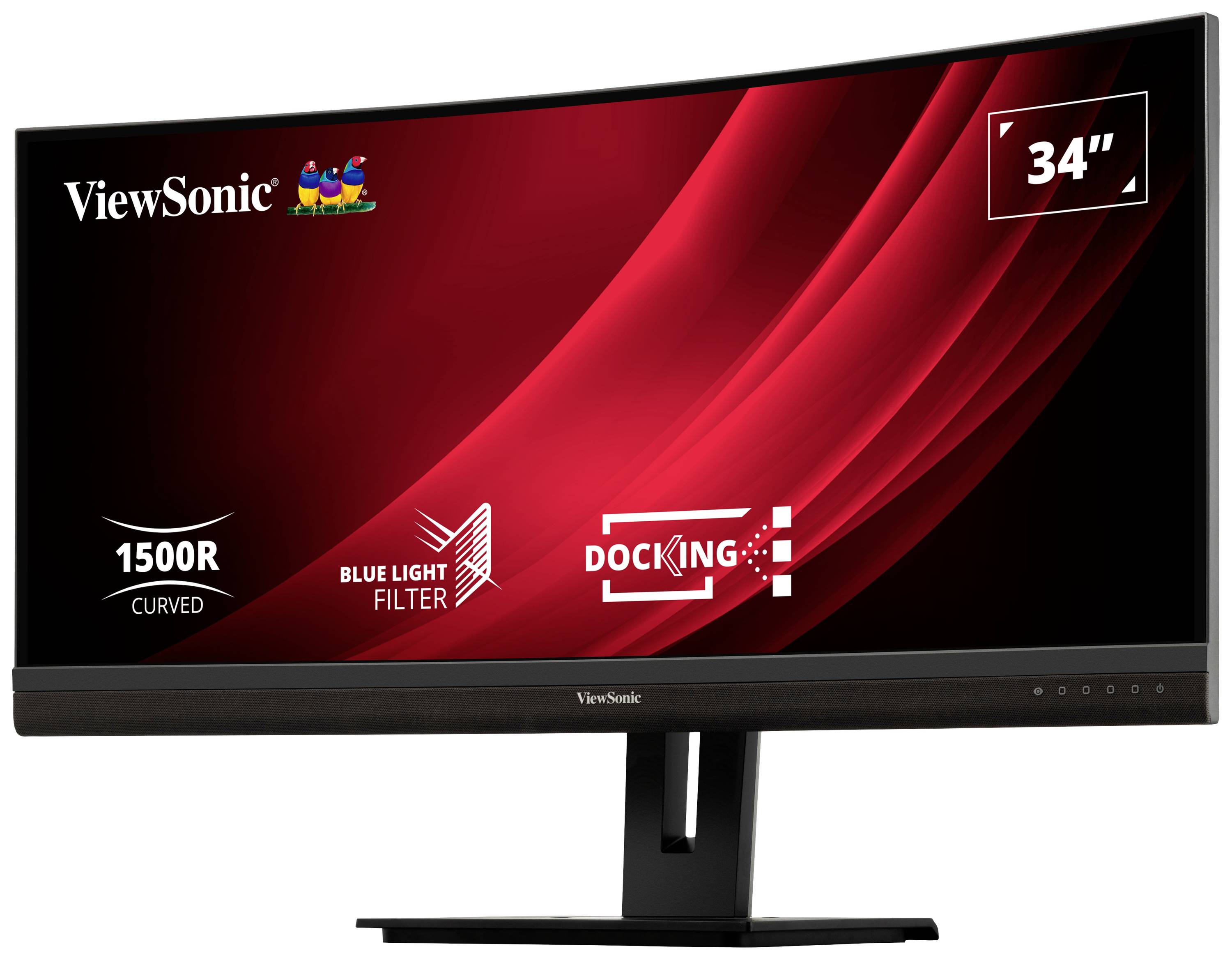 34-Zoll Curved Monitor von ViewSonic mit Blaulichtfilter und Docking-Funktion, zeigt ein rotes, stromlinienförmiges Design.
