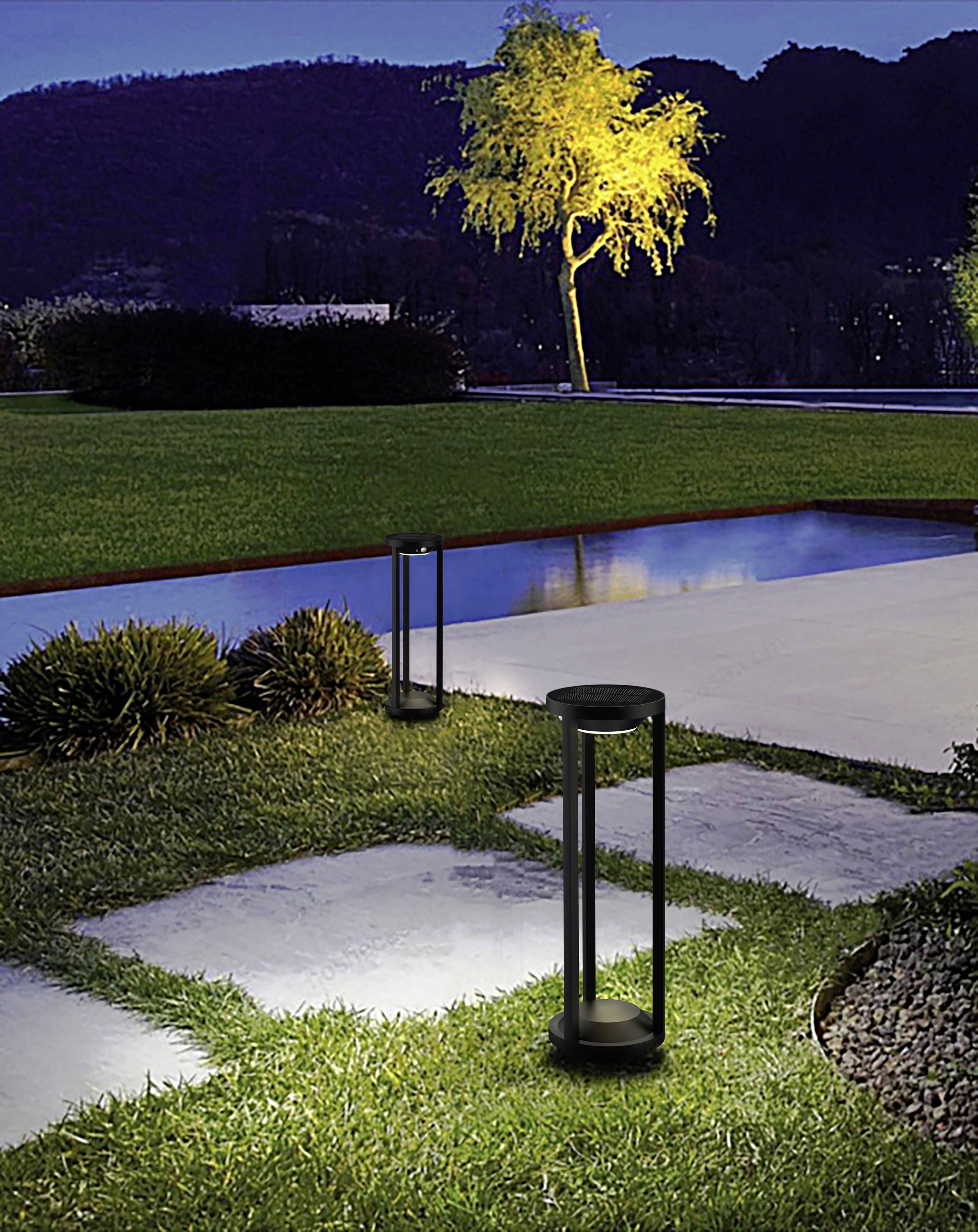 Zwei moderne Gartenleuchten beleuchten einen gepflasterten Weg in einem Garten bei Nacht, mit einem Teich und beleuchtetem Baum im Hintergrund.