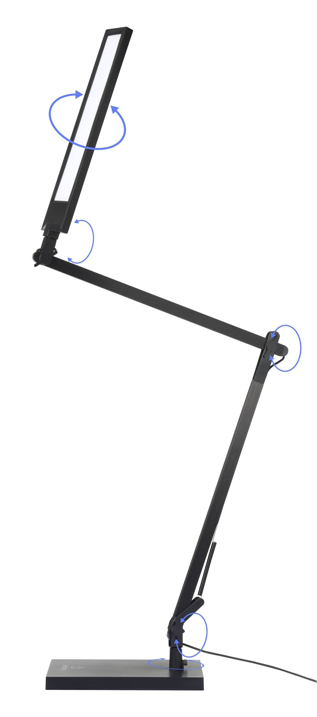 Moderne schwarze Tischlampe mit verstellbarem Kopf und Arm, zeigt verschiedene Bewegungsrichtungen durch blaue Pfeile.