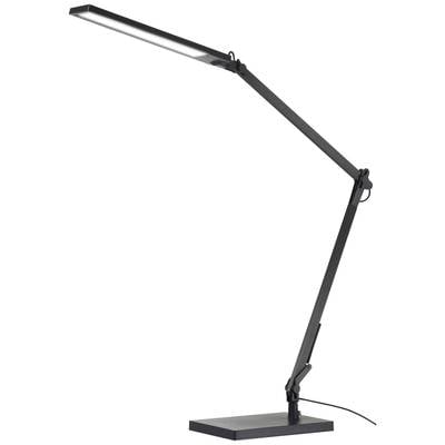Moderne, schwarze Schreibtischlampe mit verstellbarem Arm und rechteckigem Sockel, leuchtet nach unten.