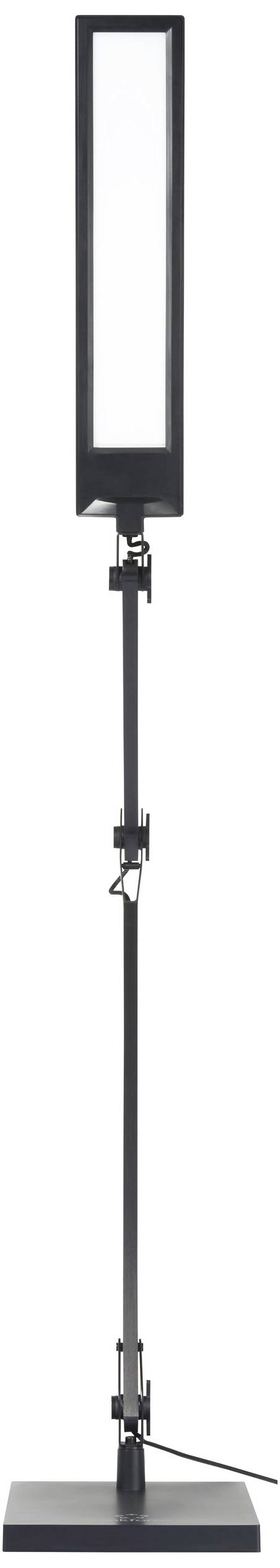 Stehlampe mit schlankem, rechteckigem Leuchtkörper und verstellbaren Gelenkarmen, schwarzes Design, geeignet für moderne Innenräume.