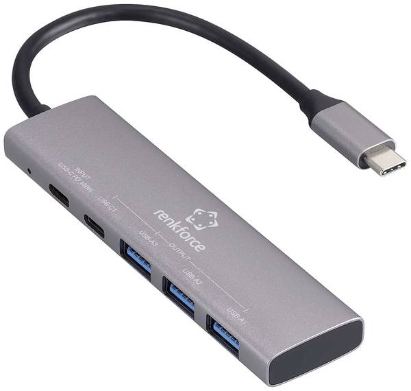 Renkforce RF-6439798 USB-Hub 5 Port USB-A USB 3.2 Gen1 5 GBit/s USB-C® PD Ladeanschluss Grau RF-USBH-280