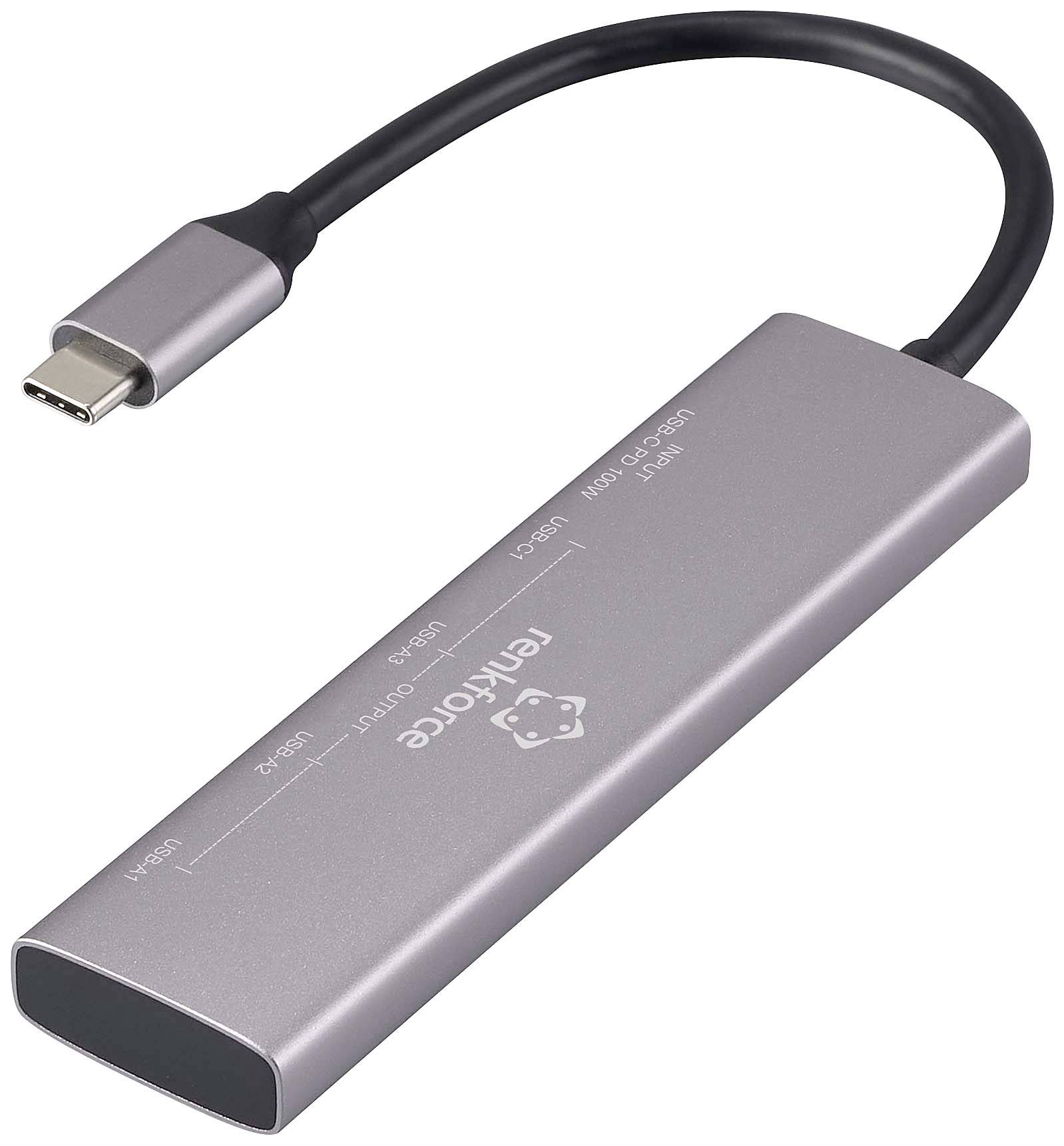 Ein silberner USB-C-Hub mit mehreren Anschlüssen, darunter HDMI, zwei USB-3.0-Ports, und Ethernet.