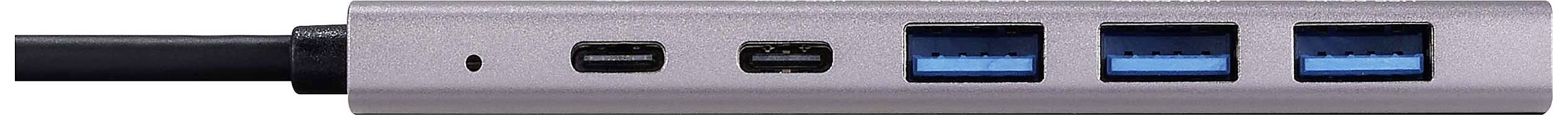 Ein USB-Hub mit vier Anschlüssen: zwei USB-C und zwei USB 3.0, verbindet mehrere Geräte und ermöglicht schnelle Datenübertragung.