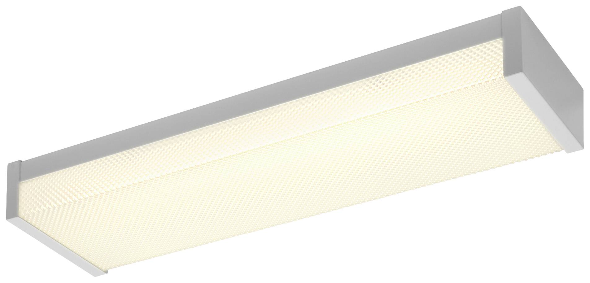 Weiße rechteckige Deckenleuchte mit einem leicht strukturierten, durchsichtigen Abdeckgitter, strahlt gleichmäßiges Licht aus.