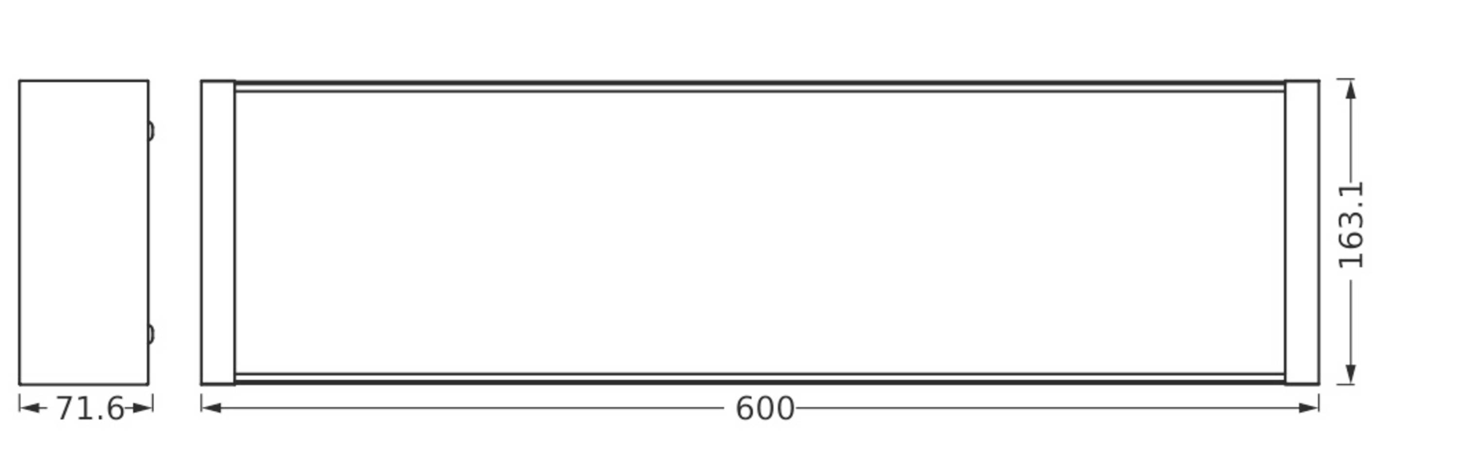 Ein rechteckiger Plan zeigt die Maße eines Objekts: 71,6 mm breit, 600 mm lang, 163,1 mm hoch. Seiten- und Draufsicht dargestellt.