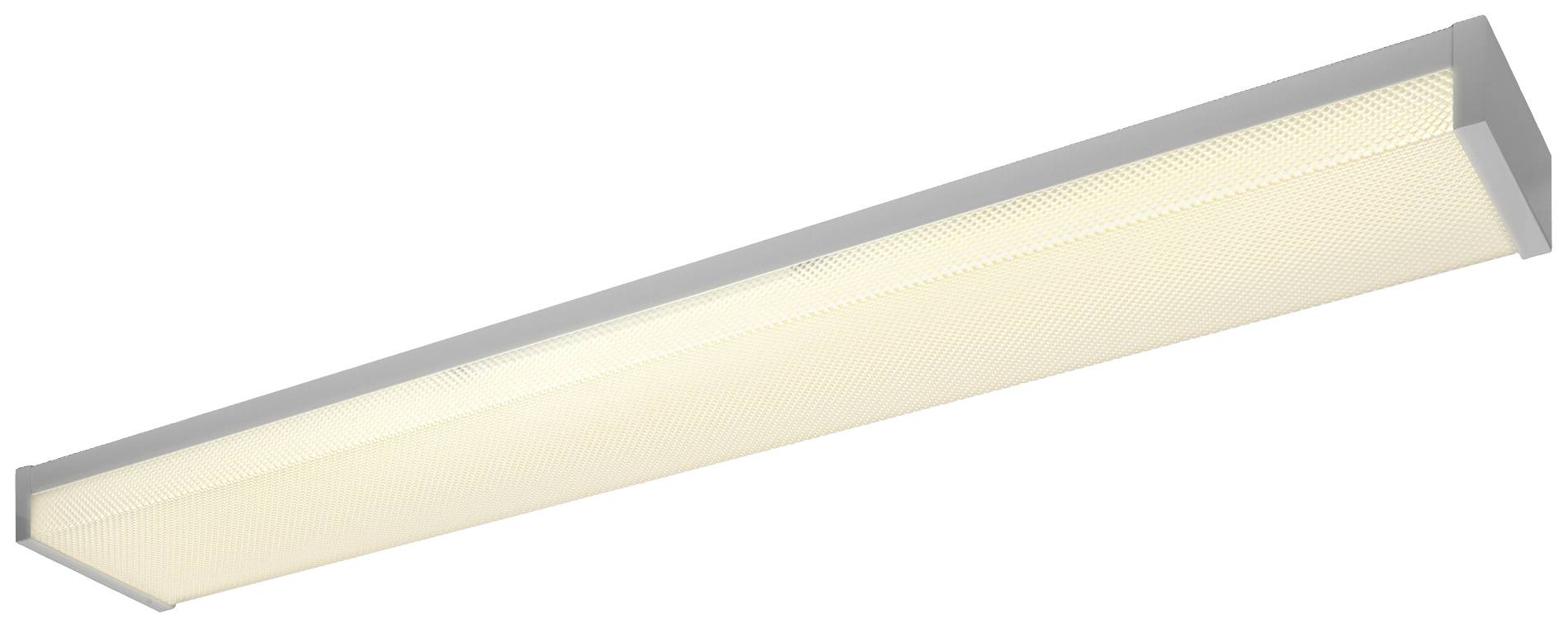 Eine längliche Deckenleuchte mit diffuser Abdeckung, die sanftes, gleichmäßiges Licht ausstrahlt. Geeignet für Innenräume.