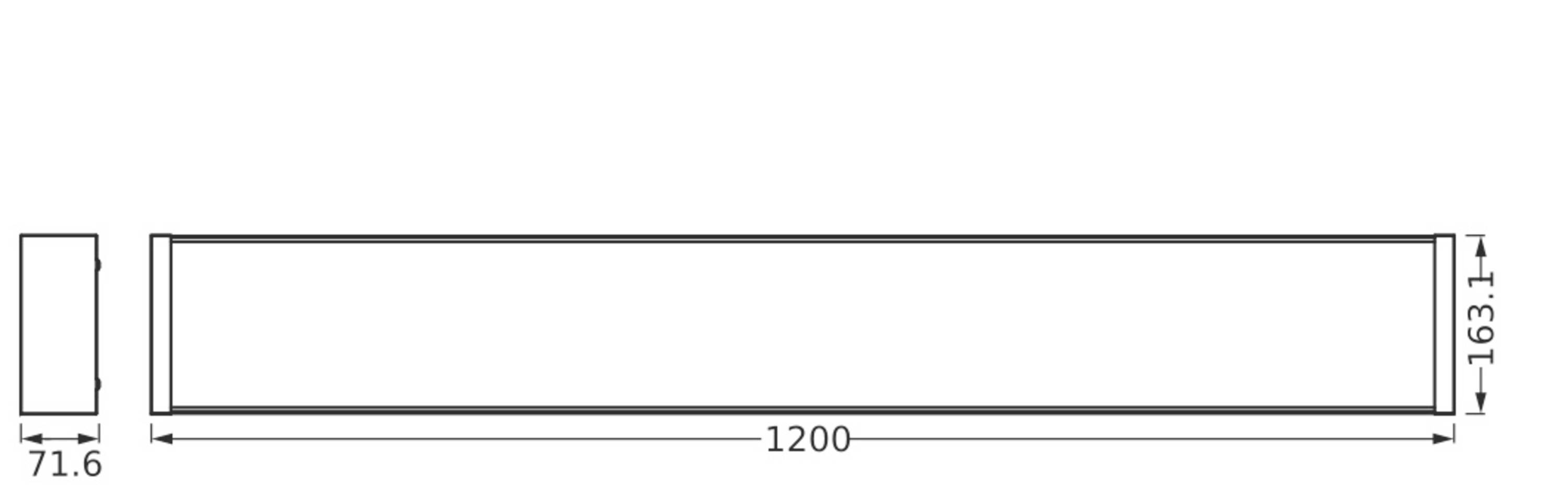 Technische Zeichnung eines rechteckigen Objekts. Breite: 163,1 mm, Höhe: 71,6 mm, Länge: 1200 mm.