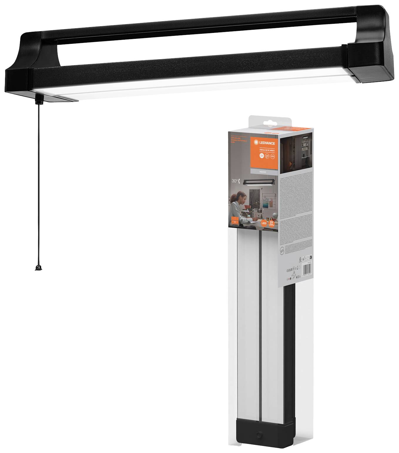Ein schwarzes LED-Unterbauleuchte mit Zugschalter, abgebildet neben der Verpackung. Die Verpackung zeigt Details zur Montage und Spezifikationen.