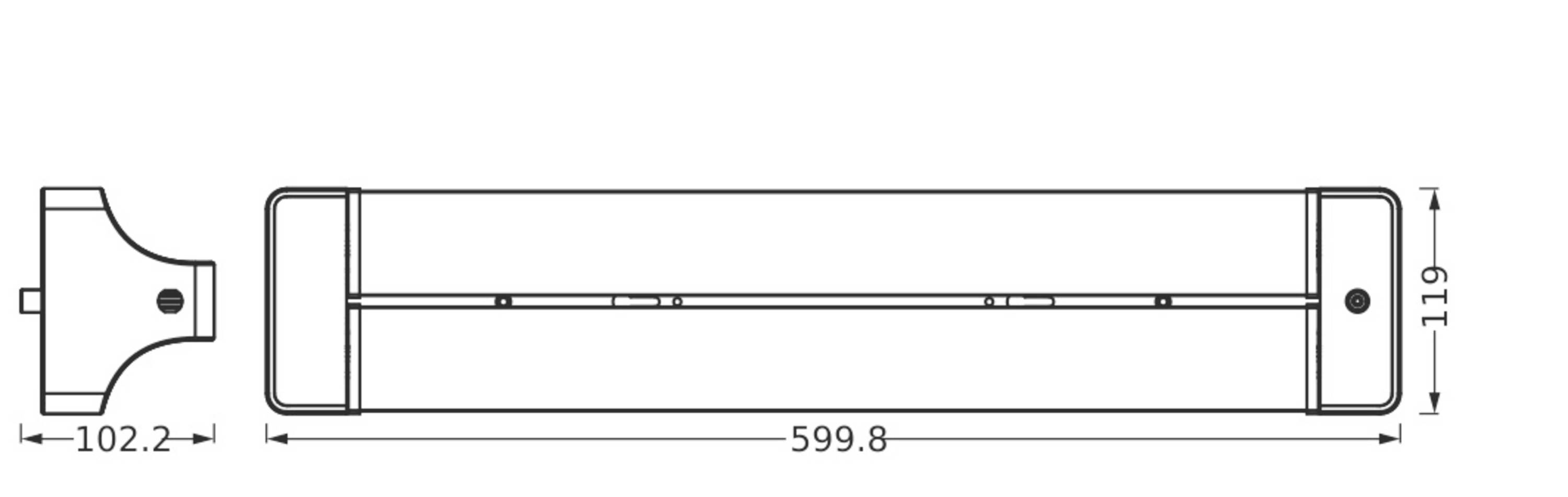 Technische Zeichnung eines länglichen Bauteils mit den Maßen: Breite 599,8 mm, Höhe 119 mm, Tiefe 102,2 mm.