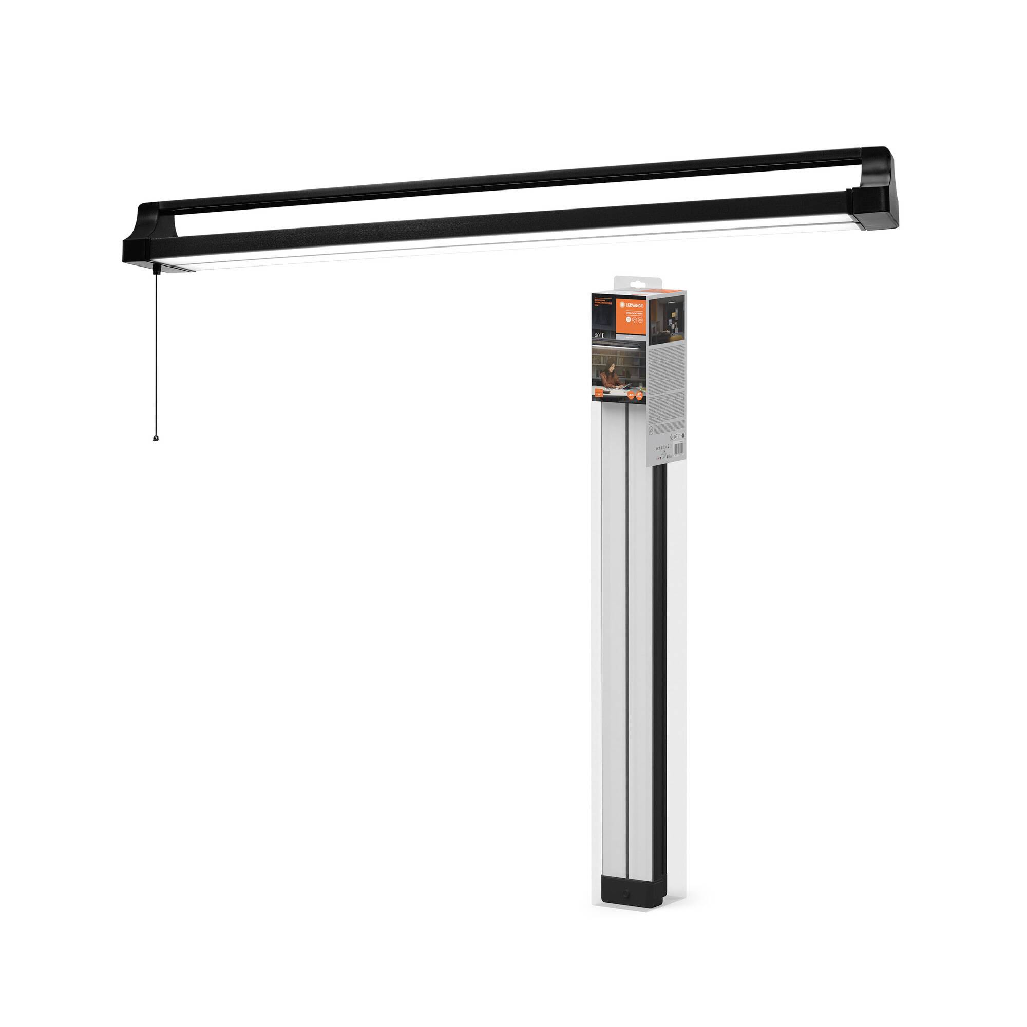 Ein rechteckiger, langer LED-Balken ist in einem schlanken Karton verpackt. Der Karton zeigt eine Produktabbildung und Spezifikationen.